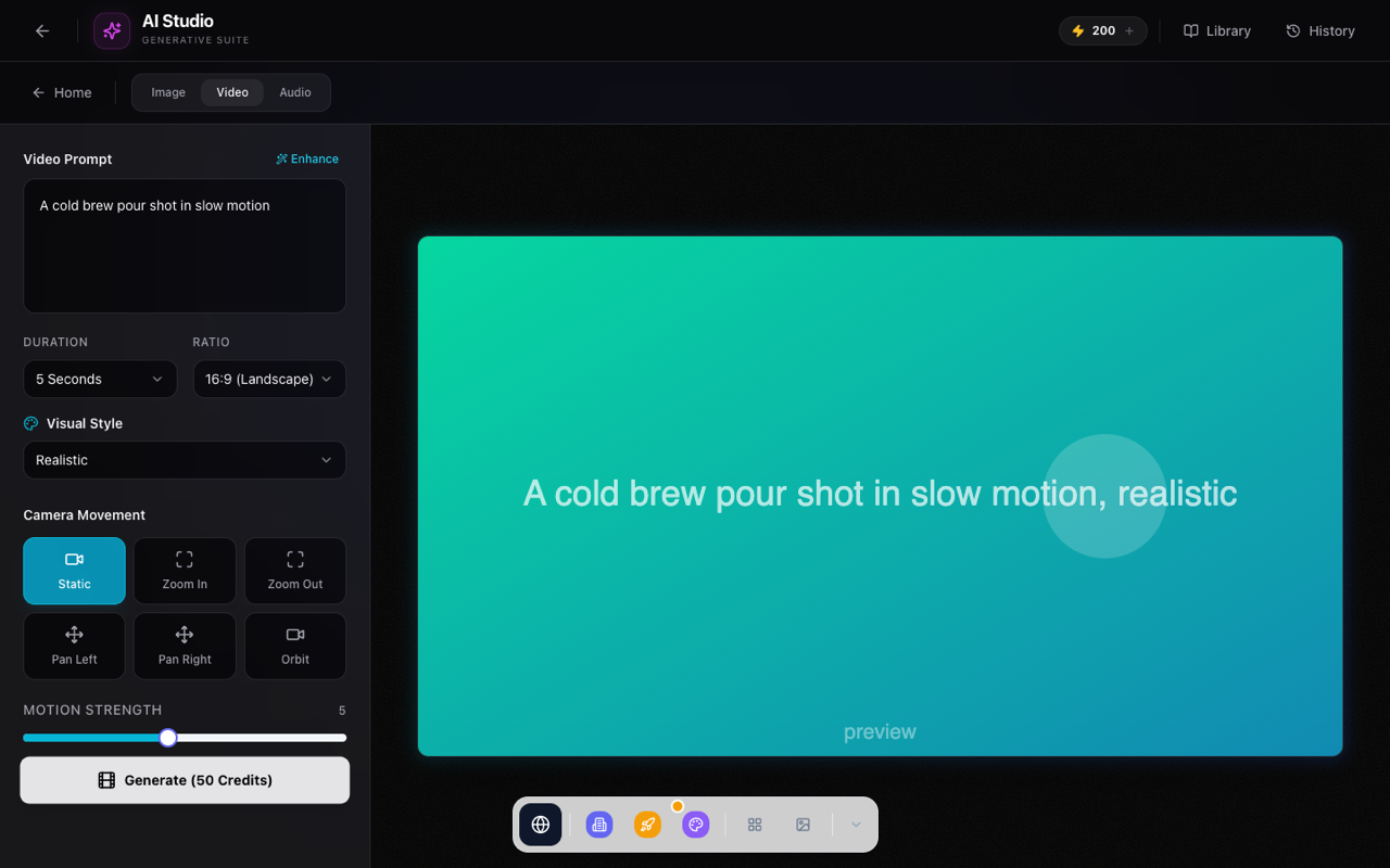 Agency OS web platform: an AI studio for generating on-brand video, with prompt, duration and camera controls