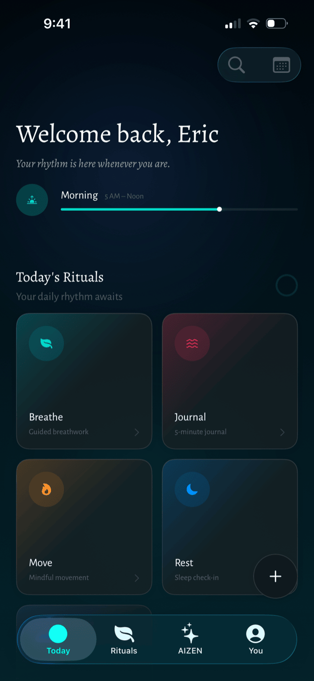 AIZEN iOS app: Today's Rituals home screen with Breathe, Journal, Move and Rest cards