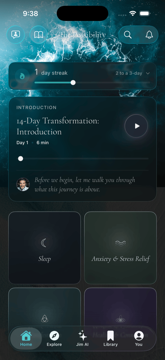 The Possibility iOS app: Take a breath screen with guided breathing and a mood check-in